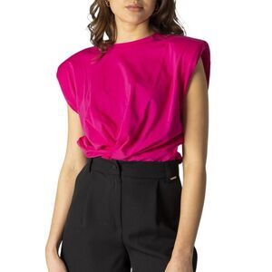Hanny Deep Short Sleeve Padded Shoulder Top Women Fuchsia Tops